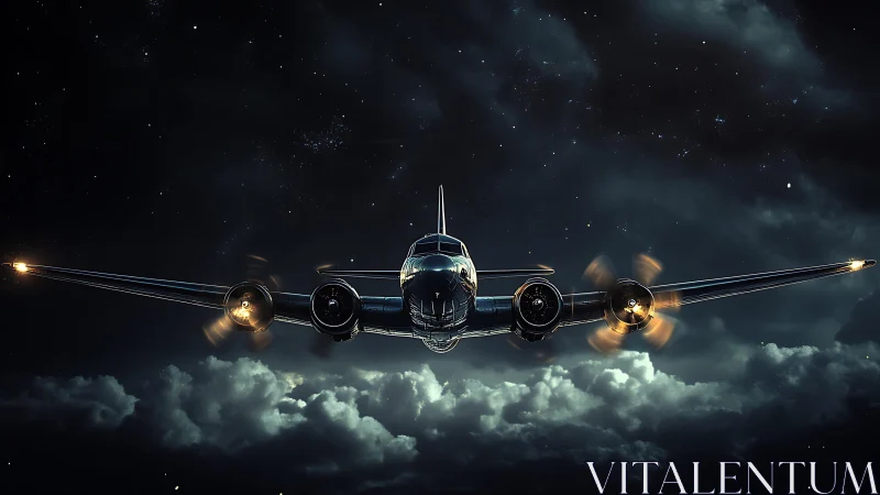 Vintage propeller aircraft cuts through stormlit night sky.