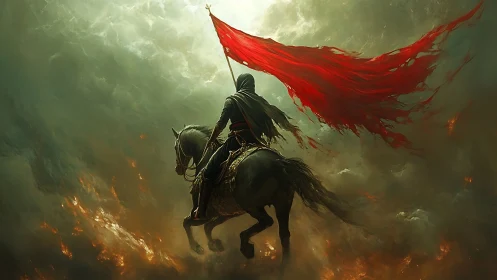 Hooded cavalry rider advances through burning storm clouds defiantly