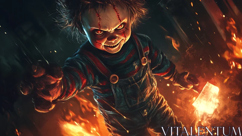 Sinister scarred doll with cleaver in fiery destruction scene