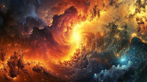 Cosmic firestorm vortex within nebular fractal clouds.