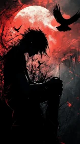 Solitary figure kneels beneath blood red moon and circling crows