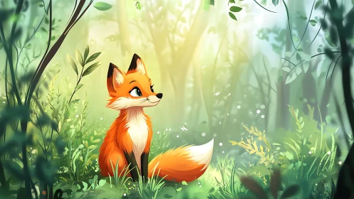 Fox sits in stylized forest under diffuse directional light