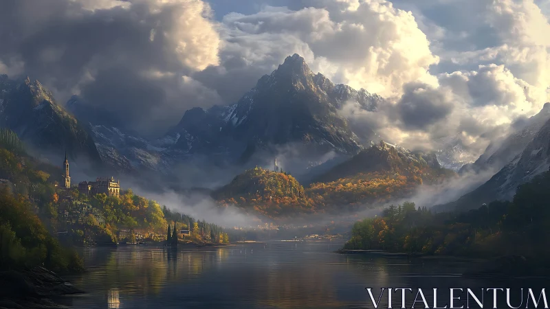 Sunlit mountain haven wrapped in misty autumn dreams.