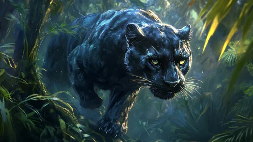 Black panther in jungle environment with atmospheric lighting