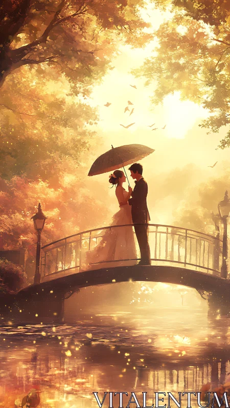 Couple Under Umbrella on Romantic Bridge at Sunset.