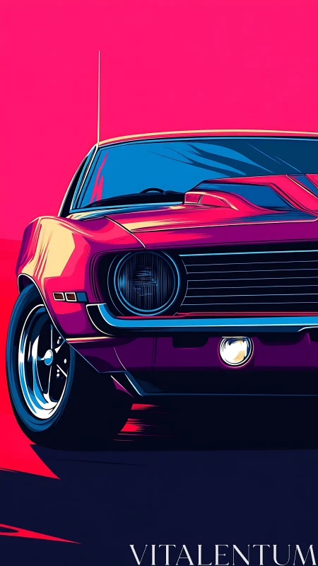 Retro muscle car front view glows over neon pink ground