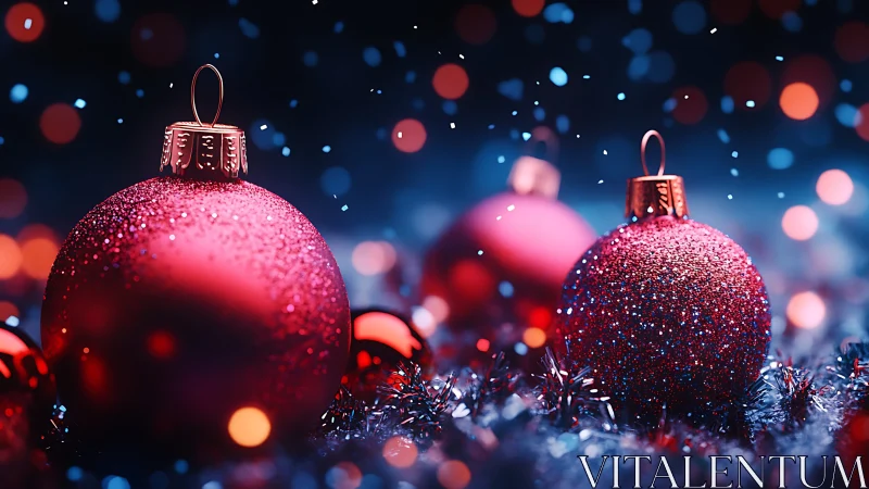 Red Christmas baubles glow against soft bokeh lights