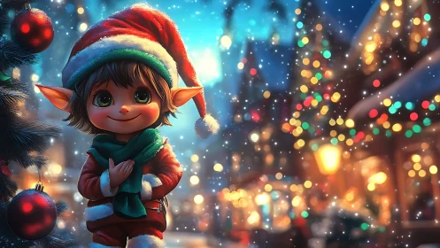 Festive elf portrait in luminous bokeh Christmas streetscape.