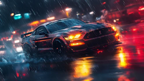 Muscle car drifts through neon city rain in cinematic motion