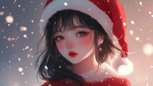 Anime girl in red Santa hat amid soft falling snow.