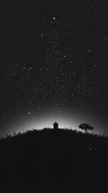Hilltop cabin silhouette under dense starlit night sky.