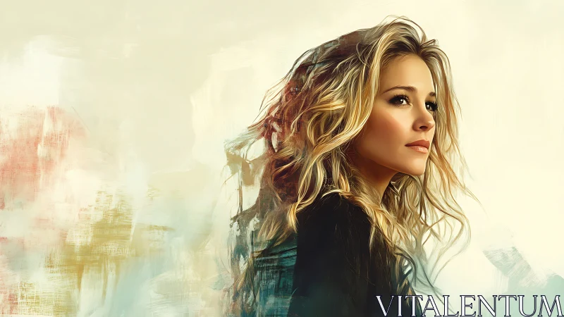 Sunlit muse emerges from watercolor whispers and silence.