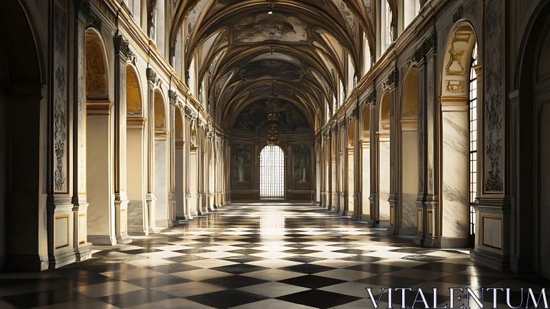 Sunlit baroque palace corridor with checkered marble floor.