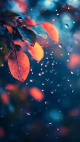 Shallow depth of field isolates autumn leaves in soft rainfall