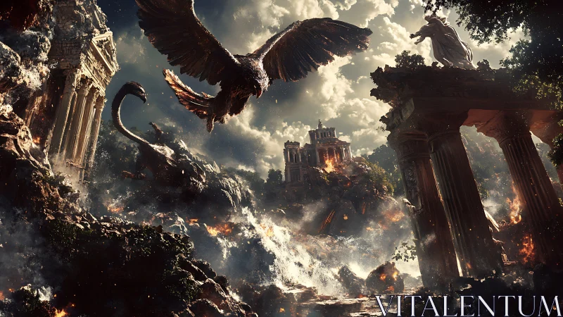 Mythic beasts assault burning ruins in dynamic storm light.