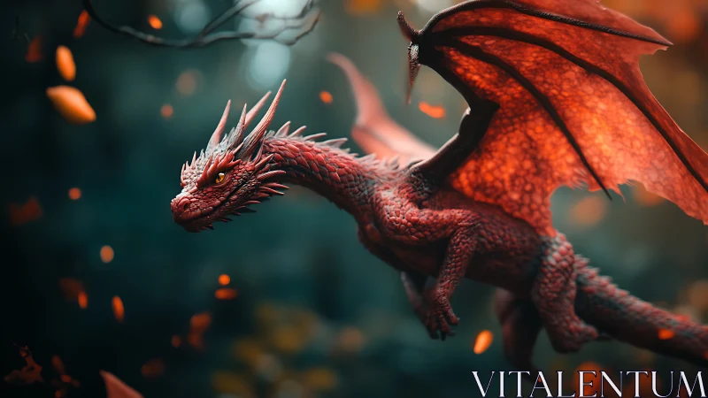 Crimson dragon soars through ember-lit forest dusk.