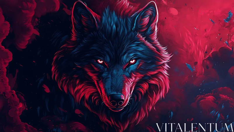 Neon wolf portrait in dual-tone digital painting composition.