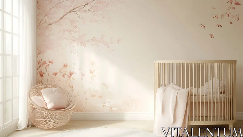 Scandinavian nursery interior with pastel floral mural wall treatment.