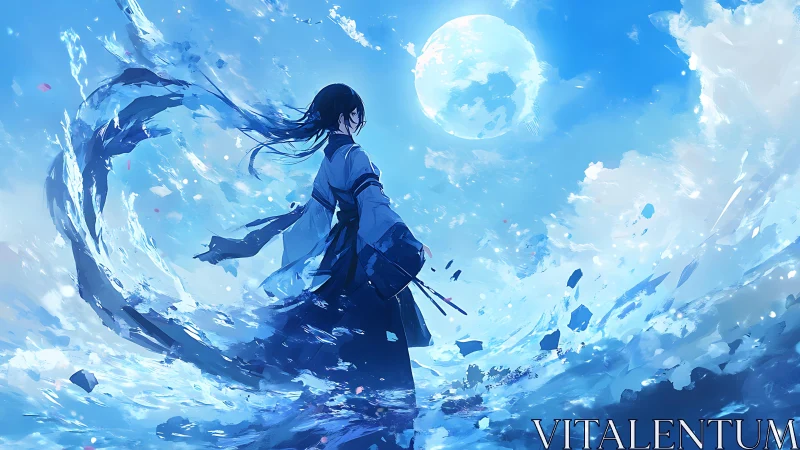 Sword-bearing figure amid swirling blue energy and moon.