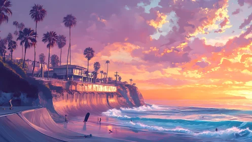 Sunlit coastal skate ramp and palm-lined bluff in sunset haze.