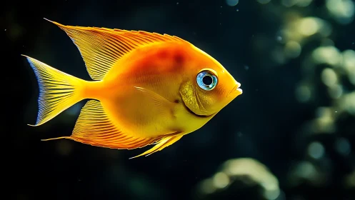 Yellow tropical fish moves laterally in dark aquatic space