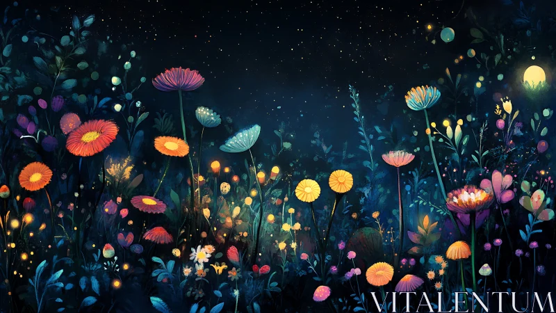 Enchanted Nocturnal Garden Blooms Under Starlit Sky