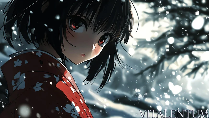 Anime girl in red kimono rendered in cinematic winter lighting