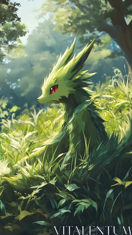 Leafy green fox creature resting alert in sunlit forest