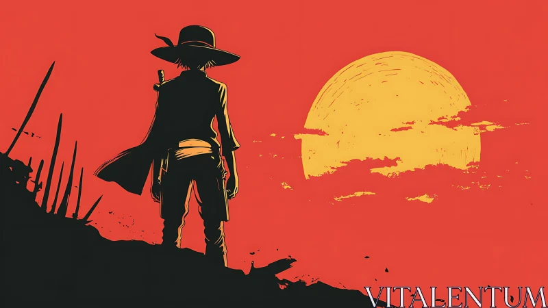 Silhouetted wanderer stands before a large setting sun