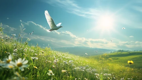 White dove glides over sunlit wildflower meadow at dawn.