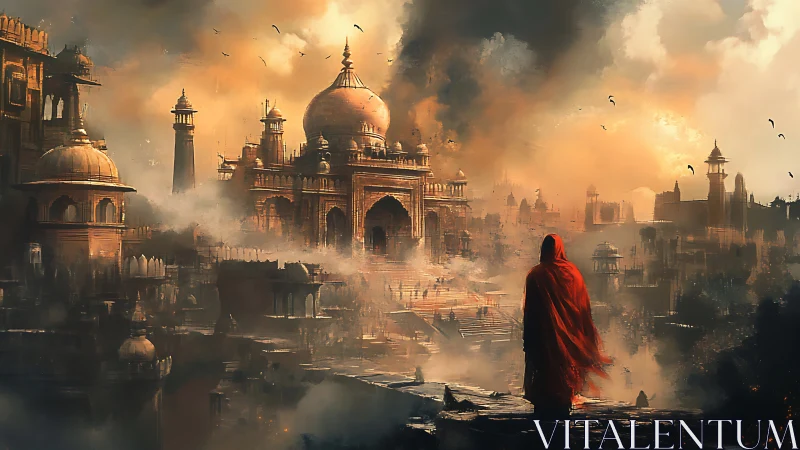 Wanderer in red gazes over a misty golden cityscape.