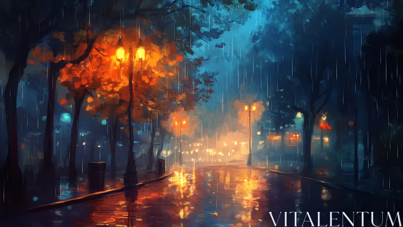 Rain-soaked boulevard with warm lamppost bokeh reflections.