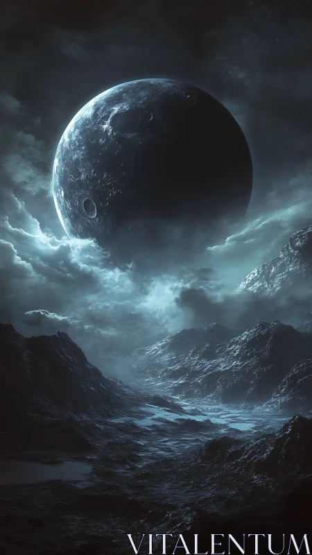 Luminous cratered moon above storm-swept alien seascape at dusk