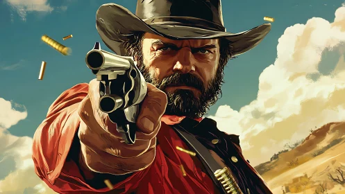 Six-shooter stares down the sun in a blazing frontier moment