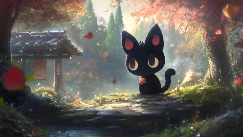 Tiny black cat in a glowing autumn forest sanctuary.