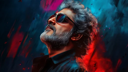 Stylish silver-haired man in neon red and blue glow gazes upward.