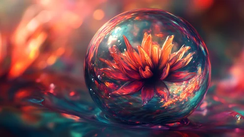 Luminous orange flower enclosed inside iridescent glass sphere