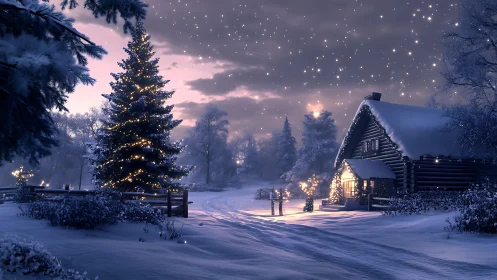 Snowy log cabin under starlit sky with lit Christmas tree.