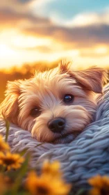 Small dog rests on knitted blanket under warm sunset glow.