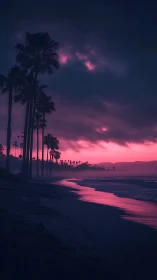 Neon dusk shoreline with silhouetted palm trees at twilight.