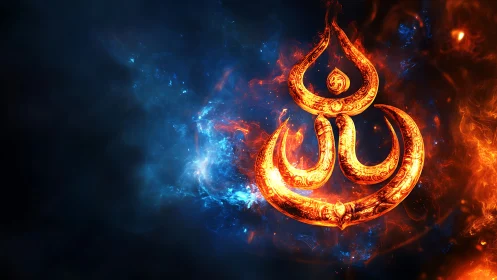 Flaming cosmic glyph ignites in a storm of sapphire nebulae.