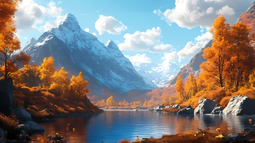 Golden autumn valley rests beneath towering snowy peaks