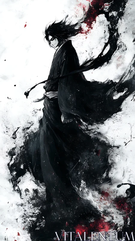 Dark swordsman strides through dissolving ink and blood storm