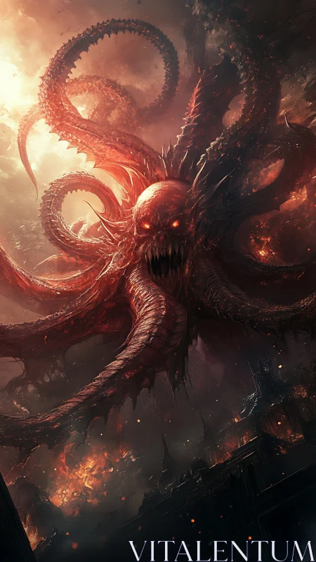 Colossal infernal tentacle demon engulfs a burning cityscape.