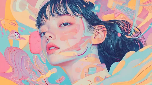 Surreal pastel portrait of woman amid abstract color fields.
