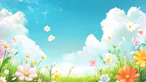 Floral meadow composition with clouds.