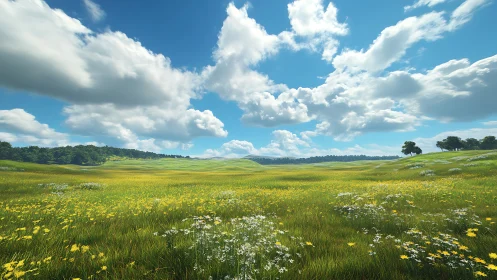 Sunlit wildflower meadow stretches beneath drifting clouds