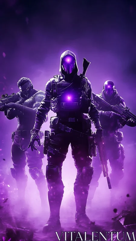 Hooded cyber soldiers advance through violet battlefield mist