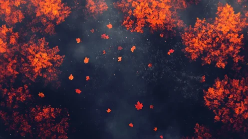 Autumn maple canopy frames dark misty forest floor.