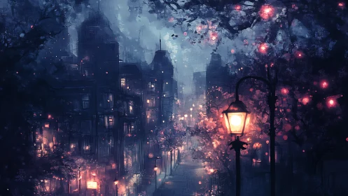 Lantern-lit misty city street drifting in dreamlike twilight.